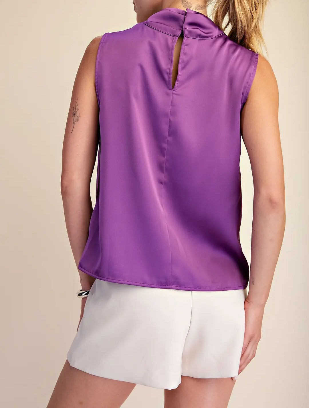 PURPLE SATIN MOCK COWL NECK SLEEVELESS TOP