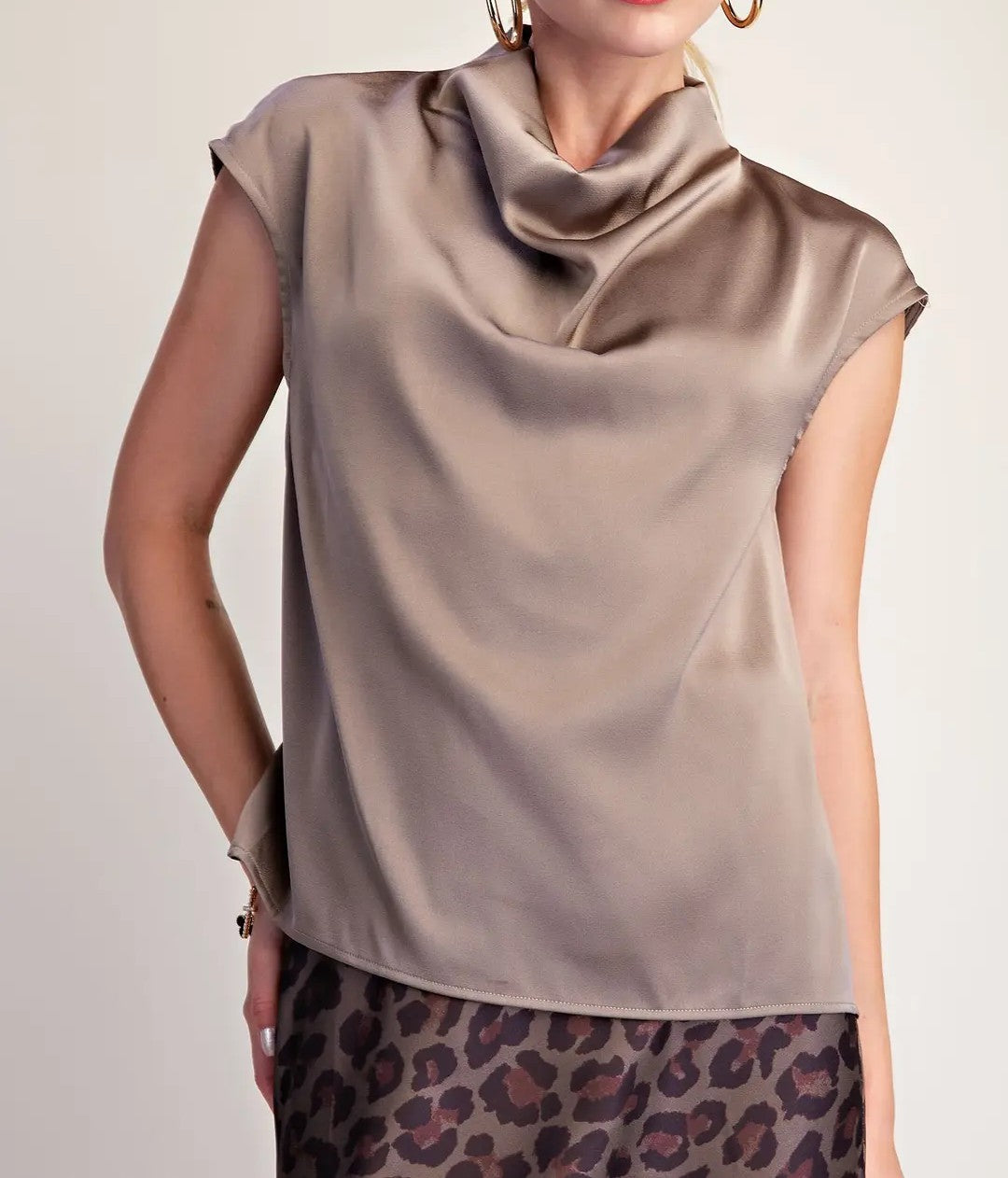 MOCHA SATIN COWL NECK SLEEVELESS TOP