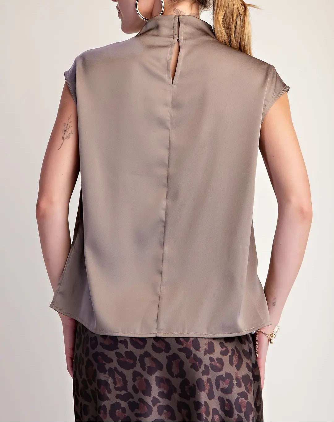 MOCHA SATIN COWL NECK SLEEVELESS TOP