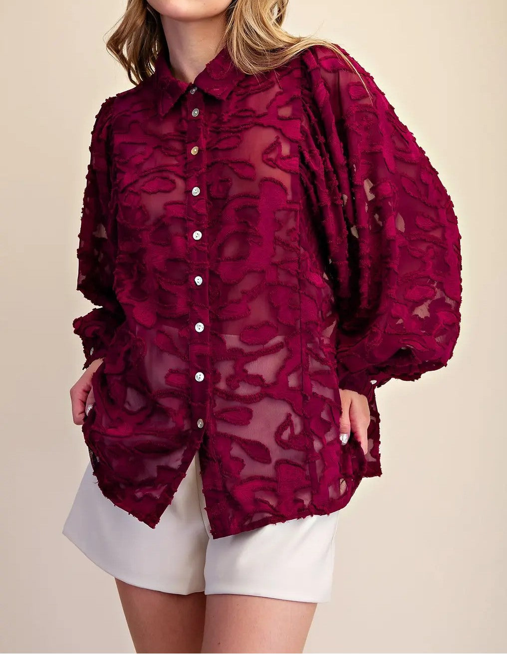 BURGUNDY SHEER EMBROIDERED TULLE LACE LONG PUFF SLEEVE BUTTON UP TOP