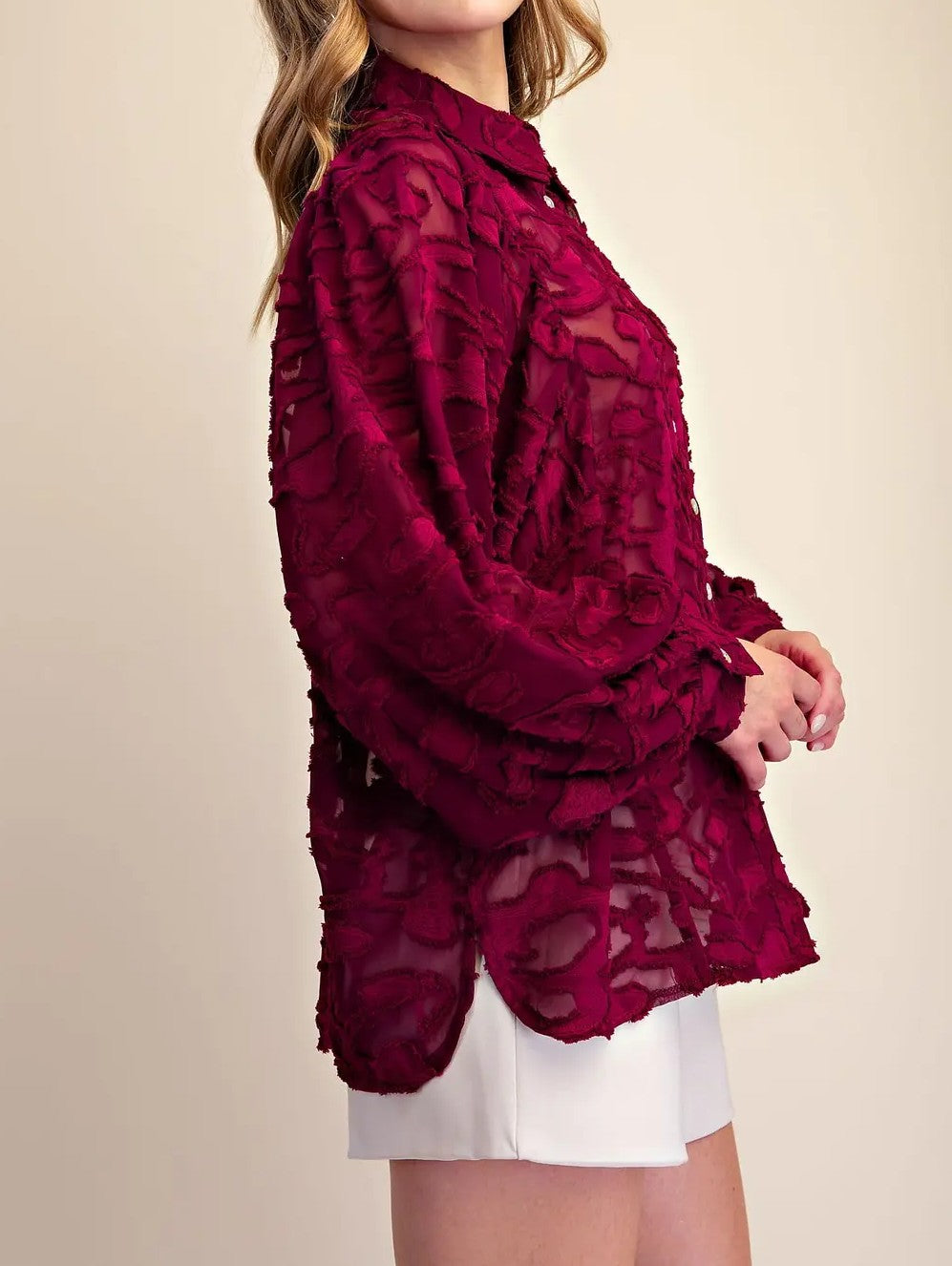 BURGUNDY SHEER EMBROIDERED TULLE LACE LONG PUFF SLEEVE BUTTON UP TOP