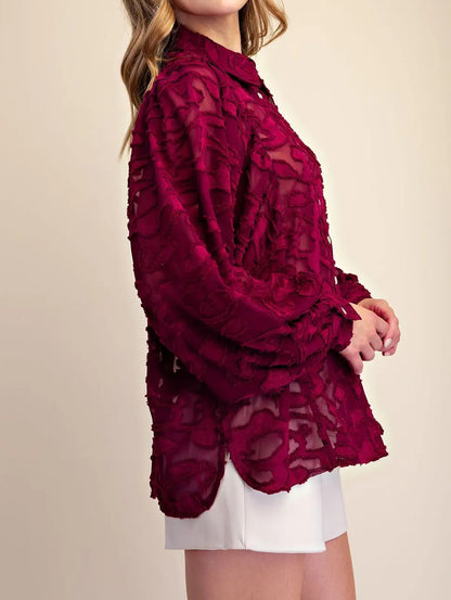 BURGUNDY SHEER EMBROIDERED TULLE LACE LONG PUFF SLEEVE BUTTON UP TOP