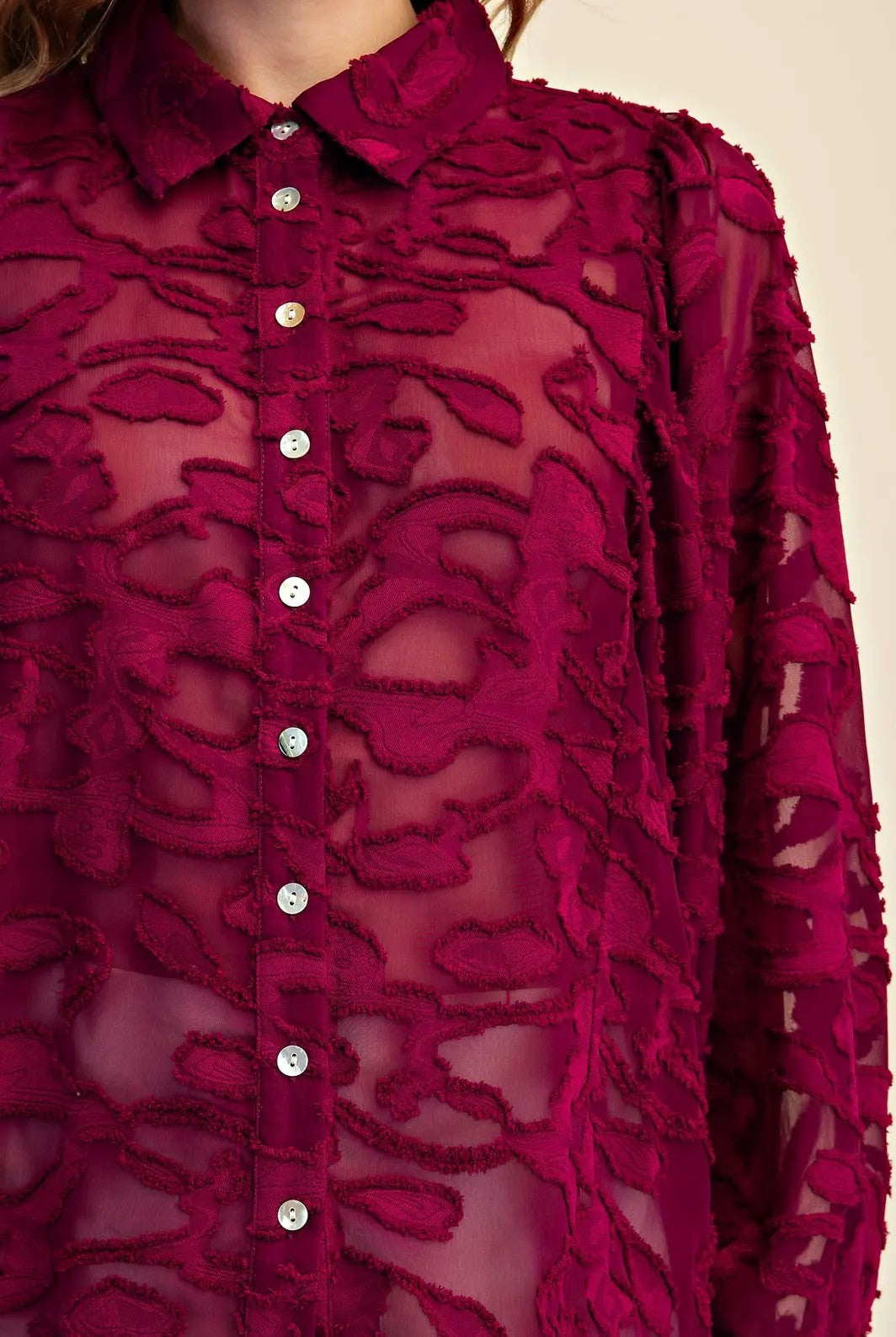 BURGUNDY SHEER EMBROIDERED TULLE LACE LONG PUFF SLEEVE BUTTON UP TOP