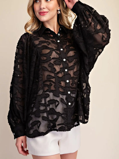 BLACK SHEER EMBROIDERED TULLE LACE LONG PUFF SLEEVE BUTTON UP TOP