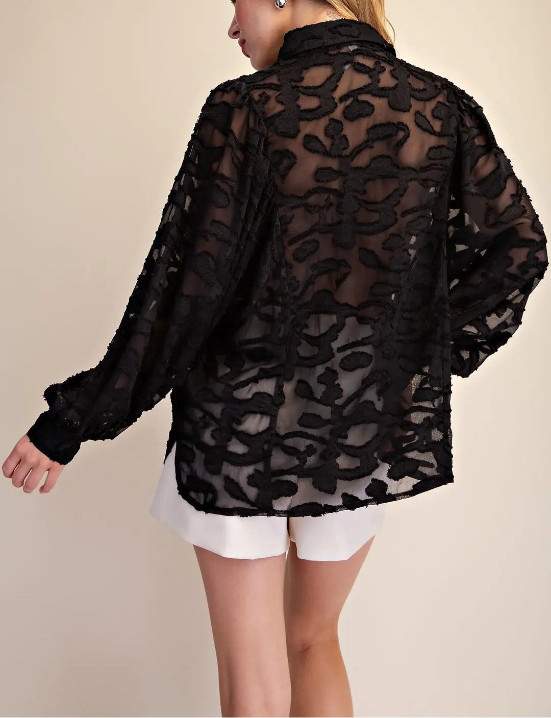 BLACK SHEER EMBROIDERED TULLE LACE LONG PUFF SLEEVE BUTTON UP TOP