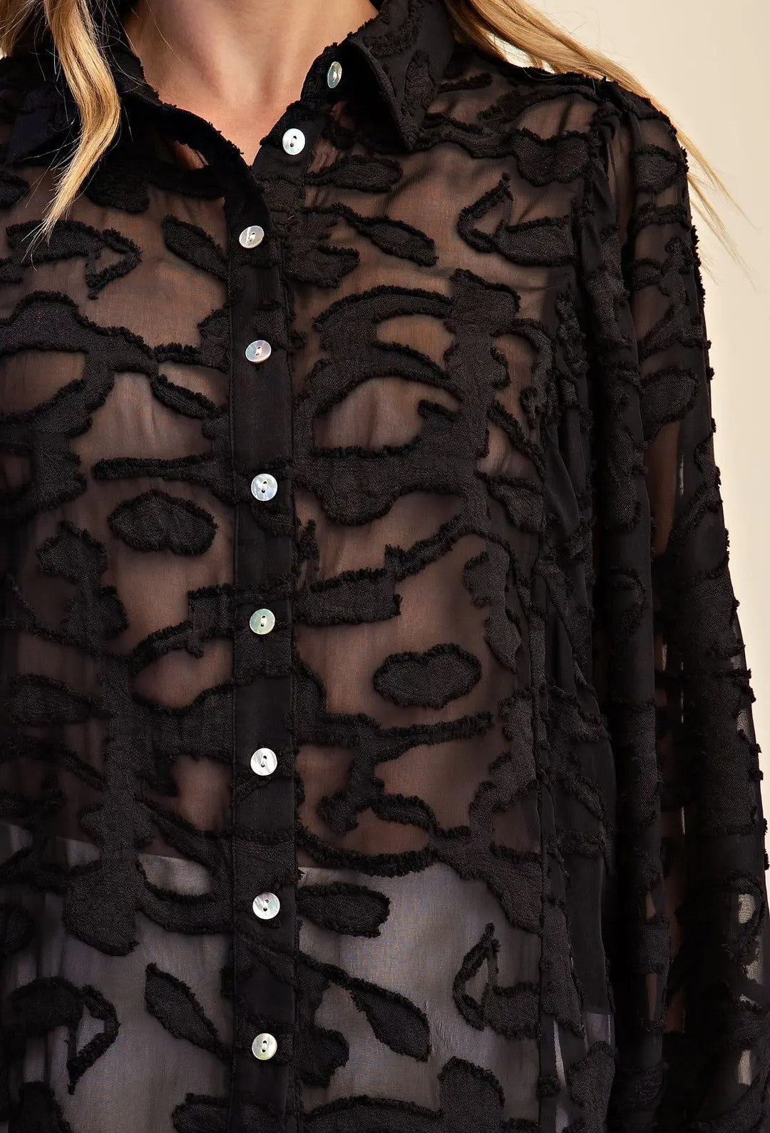 BLACK SHEER EMBROIDERED TULLE LACE LONG PUFF SLEEVE BUTTON UP TOP