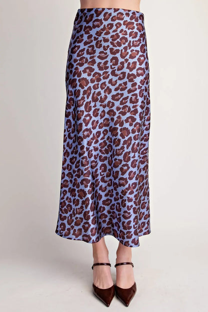 DUSTY BLUE LEOPARD PRINT MIDI SKIRT