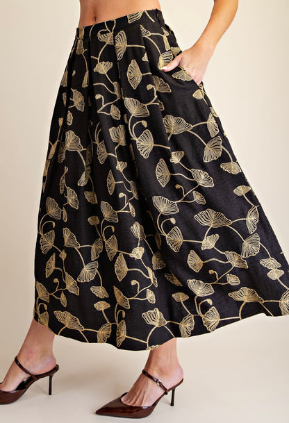 BLACK &amp; GOLD LEAF EMBROIDERY A-LINE PLEATED MIDI SKIRT