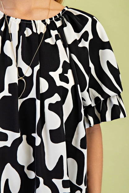 BLACK GEOMETRIC GATHERED SLEEVE LOOSE FIT MINI DRESS