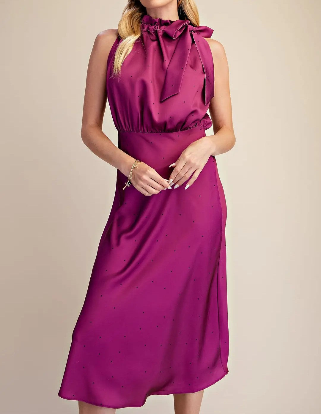 BURGUNDY/BLACK POLKA DOT RUFFLE TIE NECK SLEEVELESS MIDI DRESS