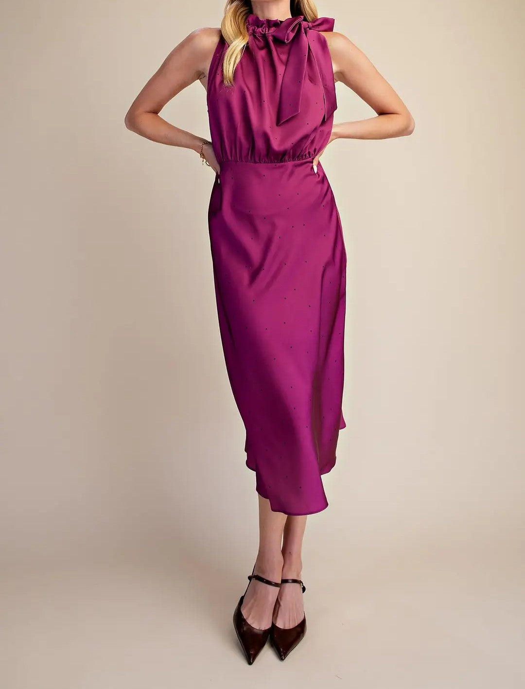 BURGUNDY/BLACK POLKA DOT RUFFLE TIE NECK SLEEVELESS MIDI DRESS