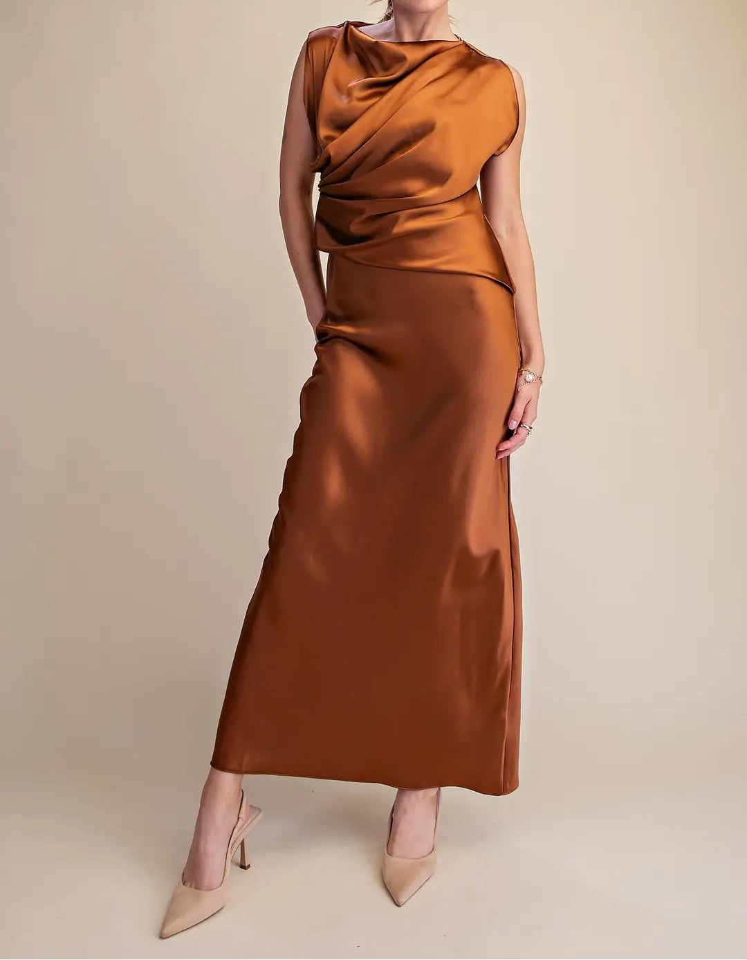 COPPER BROWN SATIN HIGH NECK DRAPED MAXI DRESS