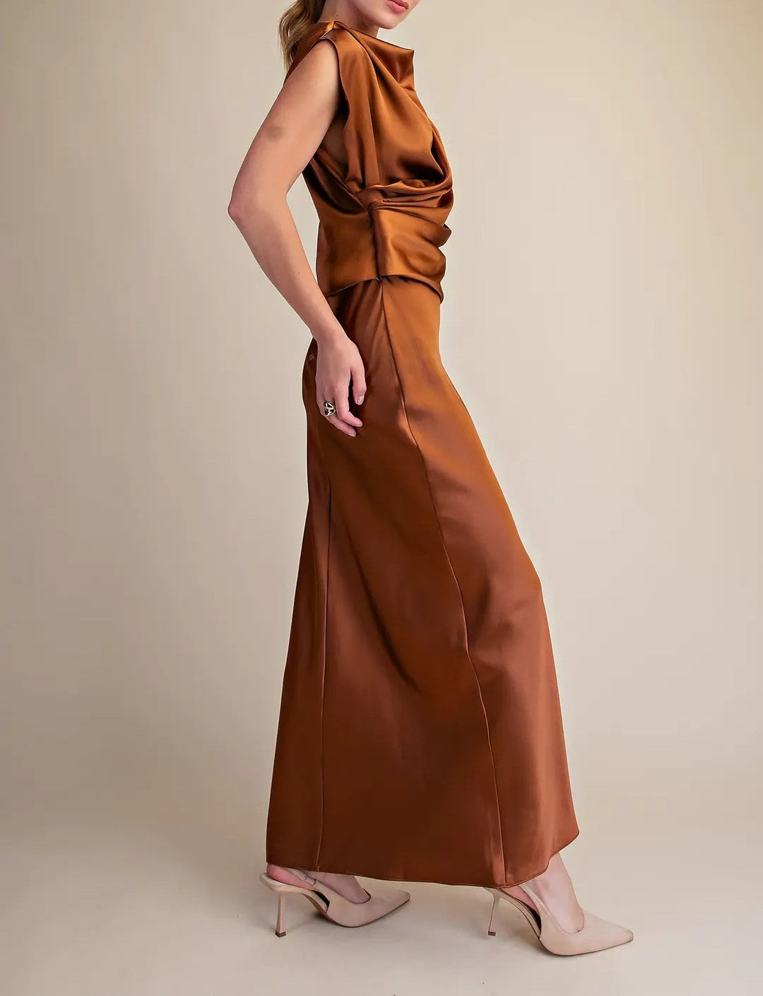 COPPER BROWN SATIN HIGH NECK DRAPED MAXI DRESS