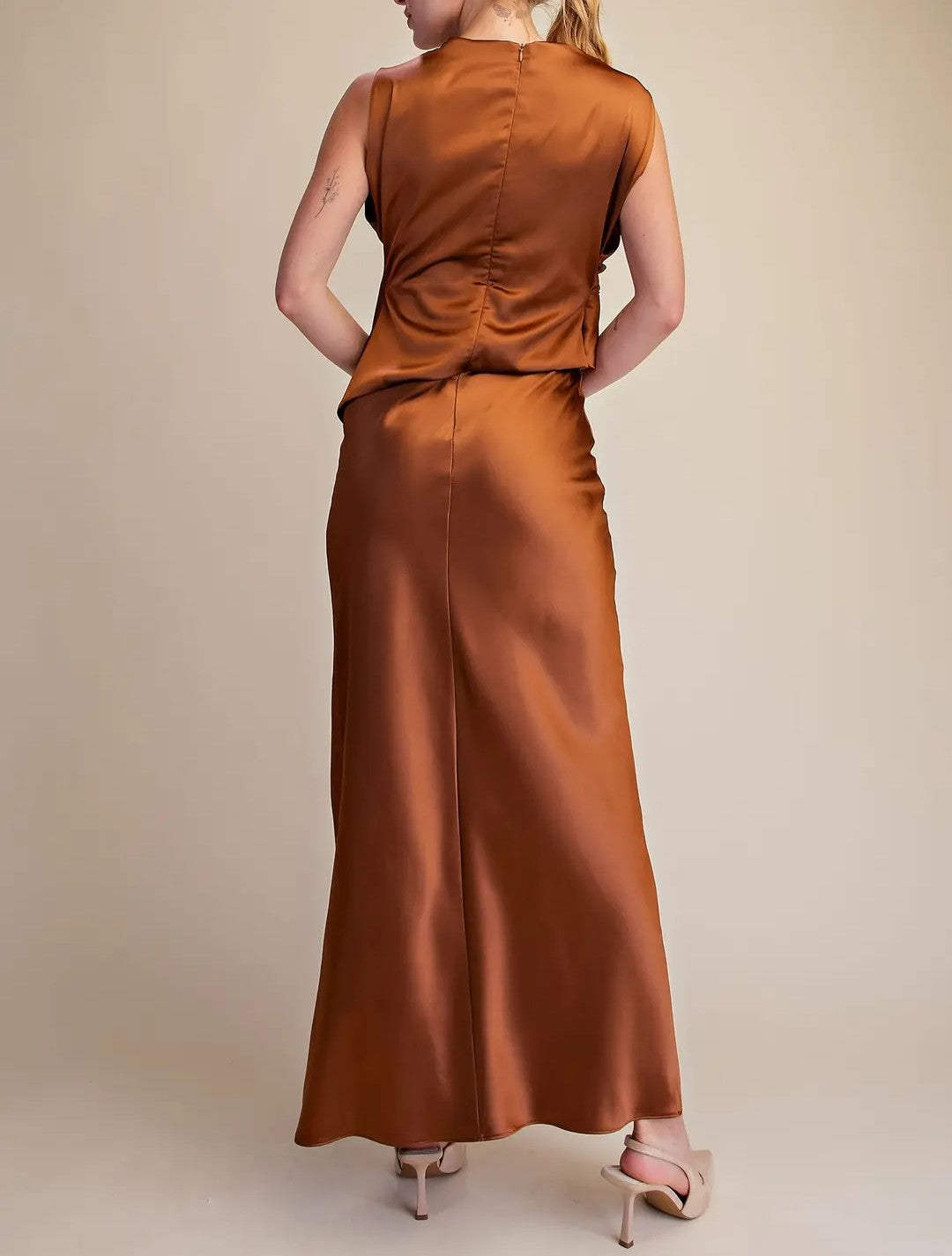 COPPER BROWN SATIN HIGH NECK DRAPED MAXI DRESS