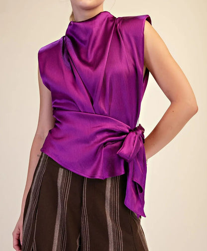 PURPLE SLEEVELESS SHOULDER PAD WAIST TIE TOP