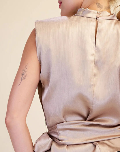 TAUPE SLEEVELESS SHOULDER PAD WAIST TIE TOP