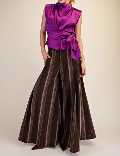 PURPLE SLEEVELESS SHOULDER PAD WAIST TIE TOP