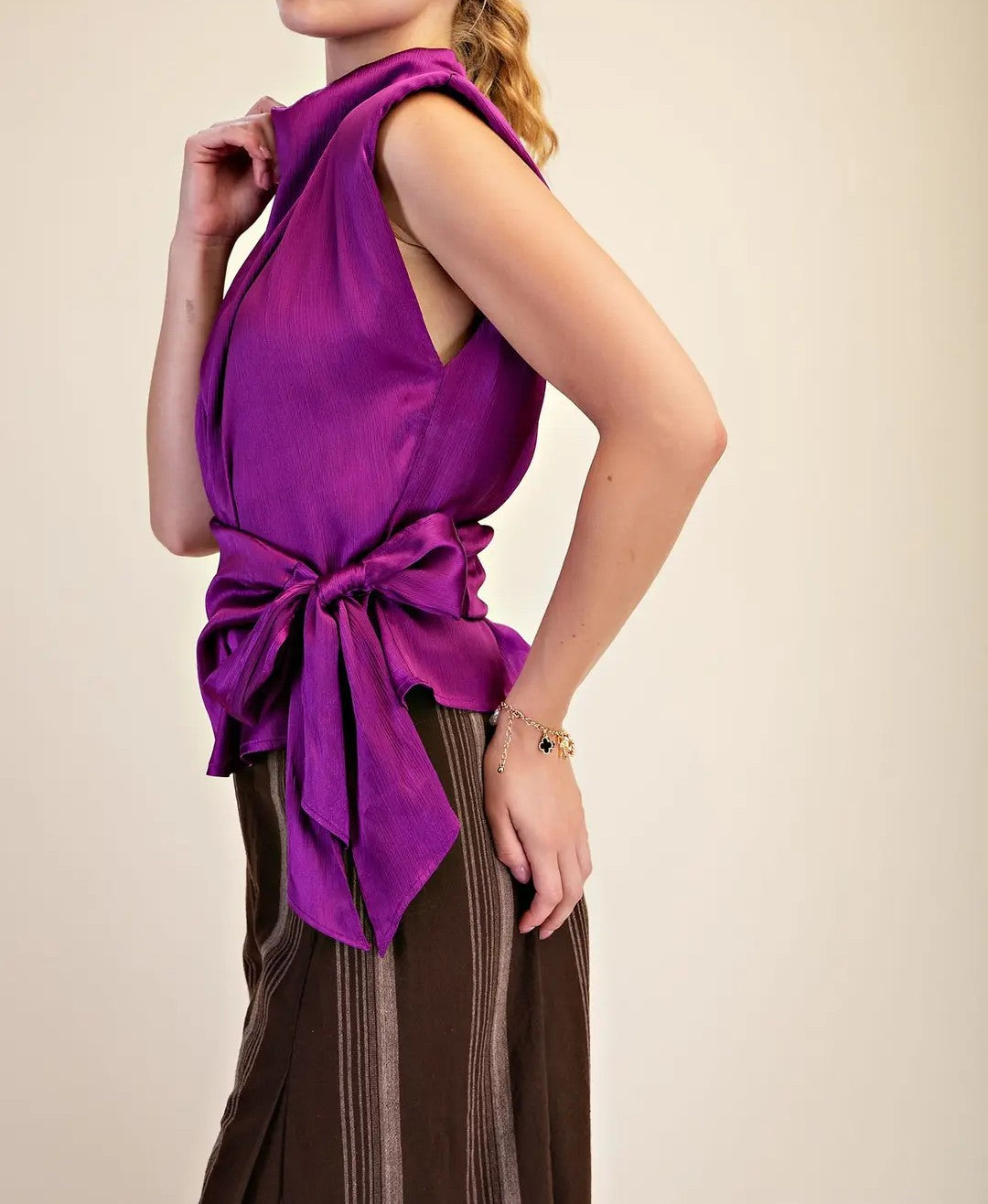PURPLE SLEEVELESS SHOULDER PAD WAIST TIE TOP