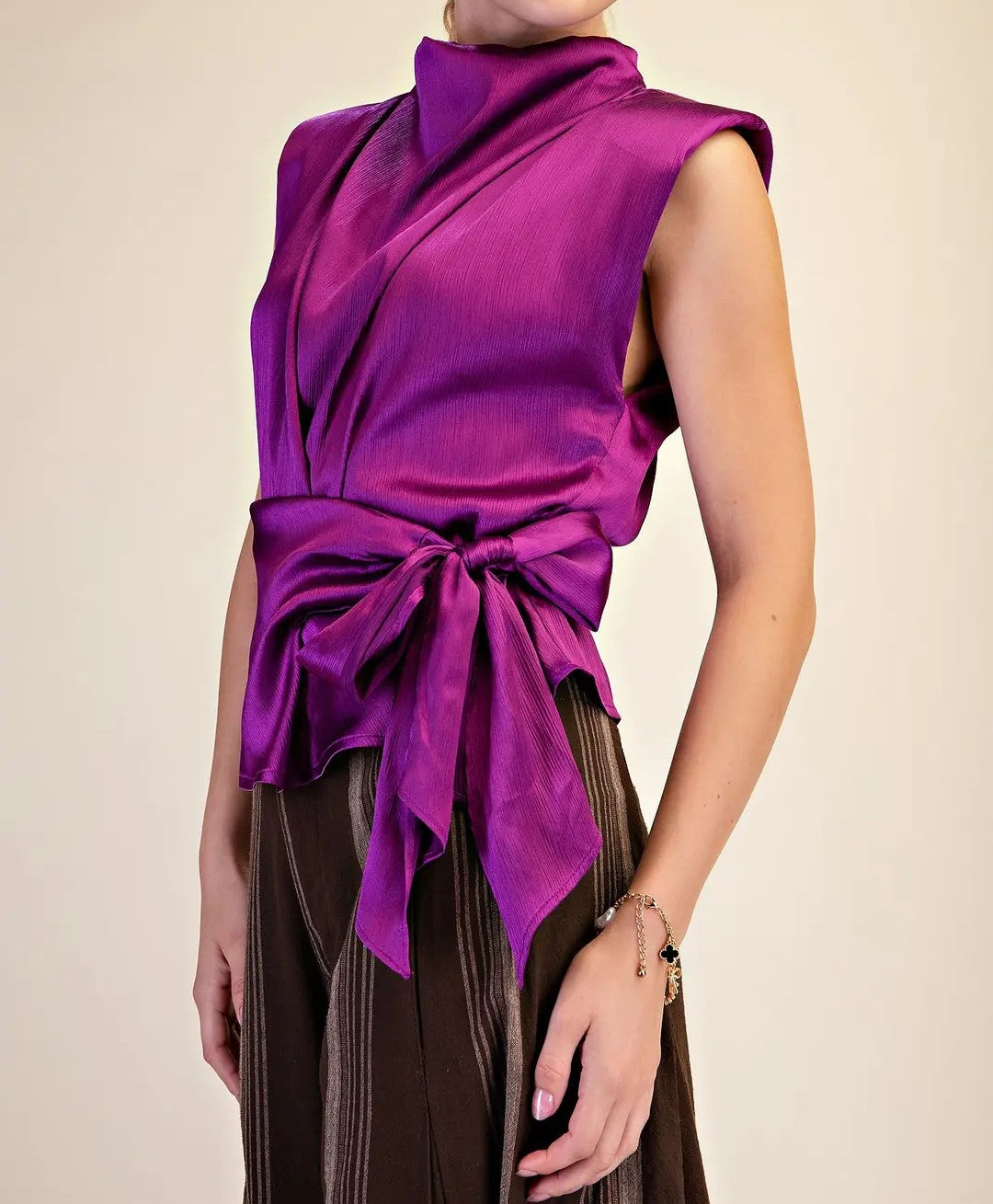 PURPLE SLEEVELESS SHOULDER PAD WAIST TIE TOP