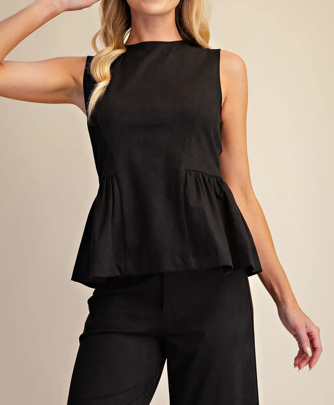 BLACK SUEDE SLEEVELESS PEPLUM TOP