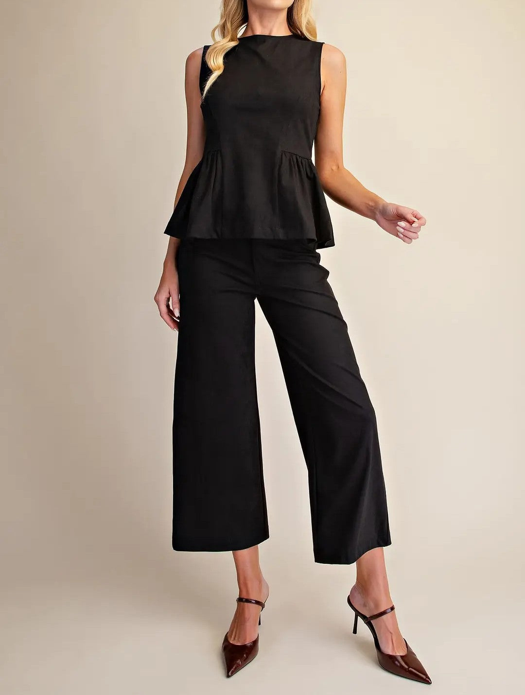 BLACK SUEDE SLEEVELESS PEPLUM TOP