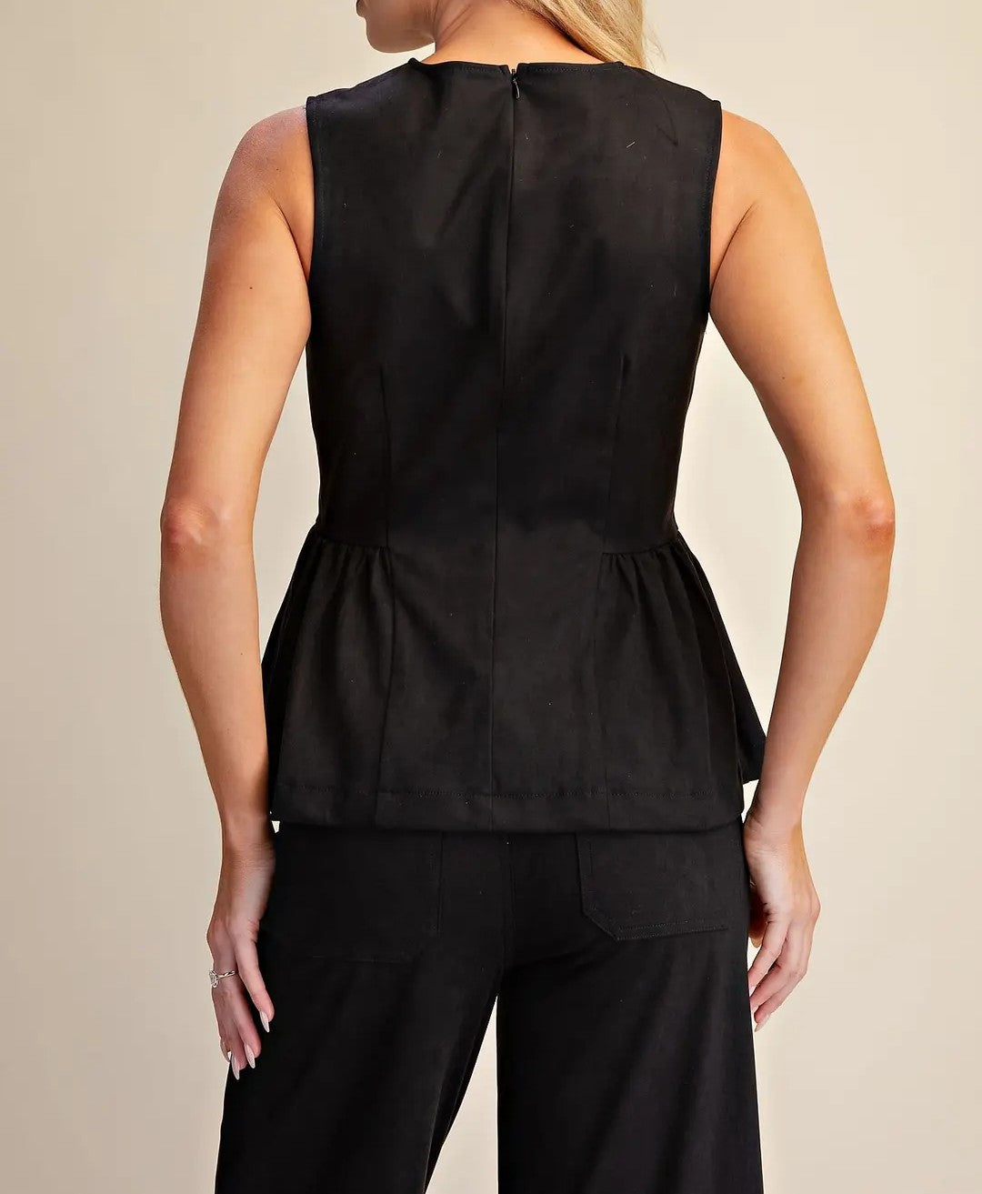 BLACK SUEDE SLEEVELESS PEPLUM TOP