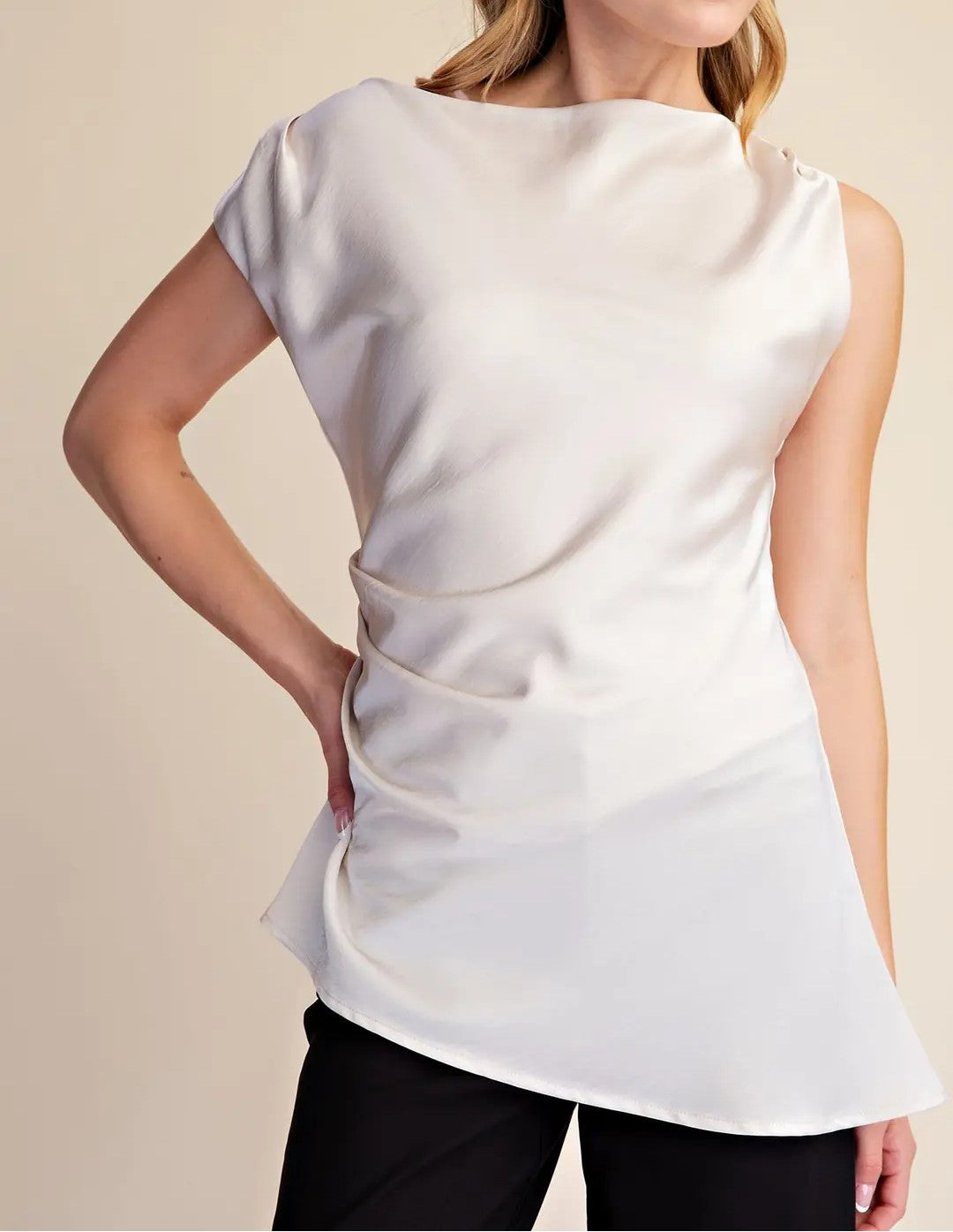 CREAM SATIN ASYMMETRIC DRAPE TOP