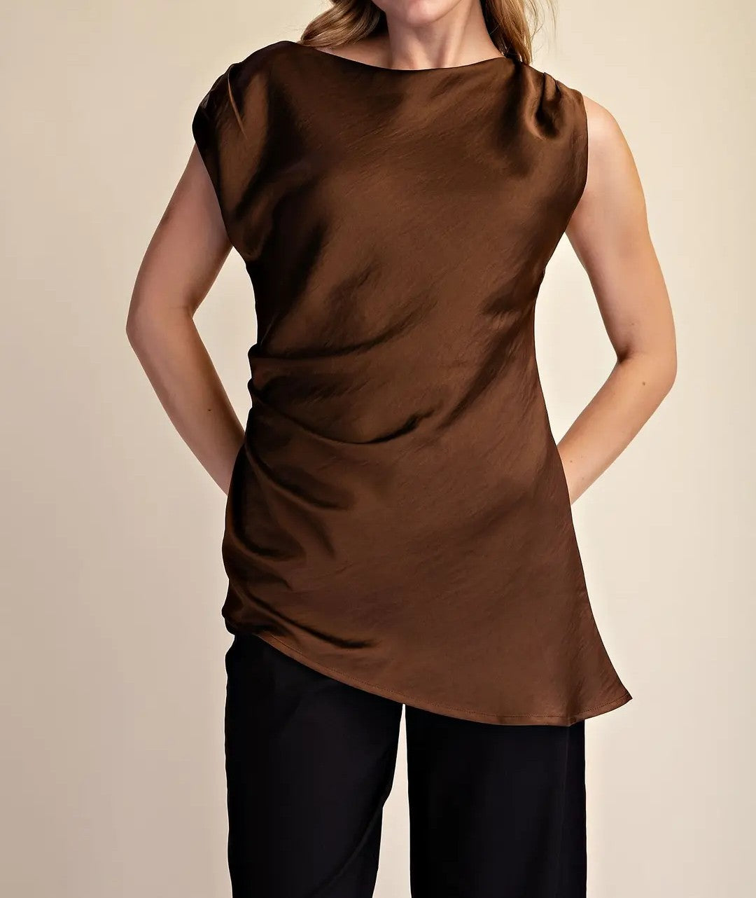 BROWN SATIN ASYMMETRIC DRAPE TOP