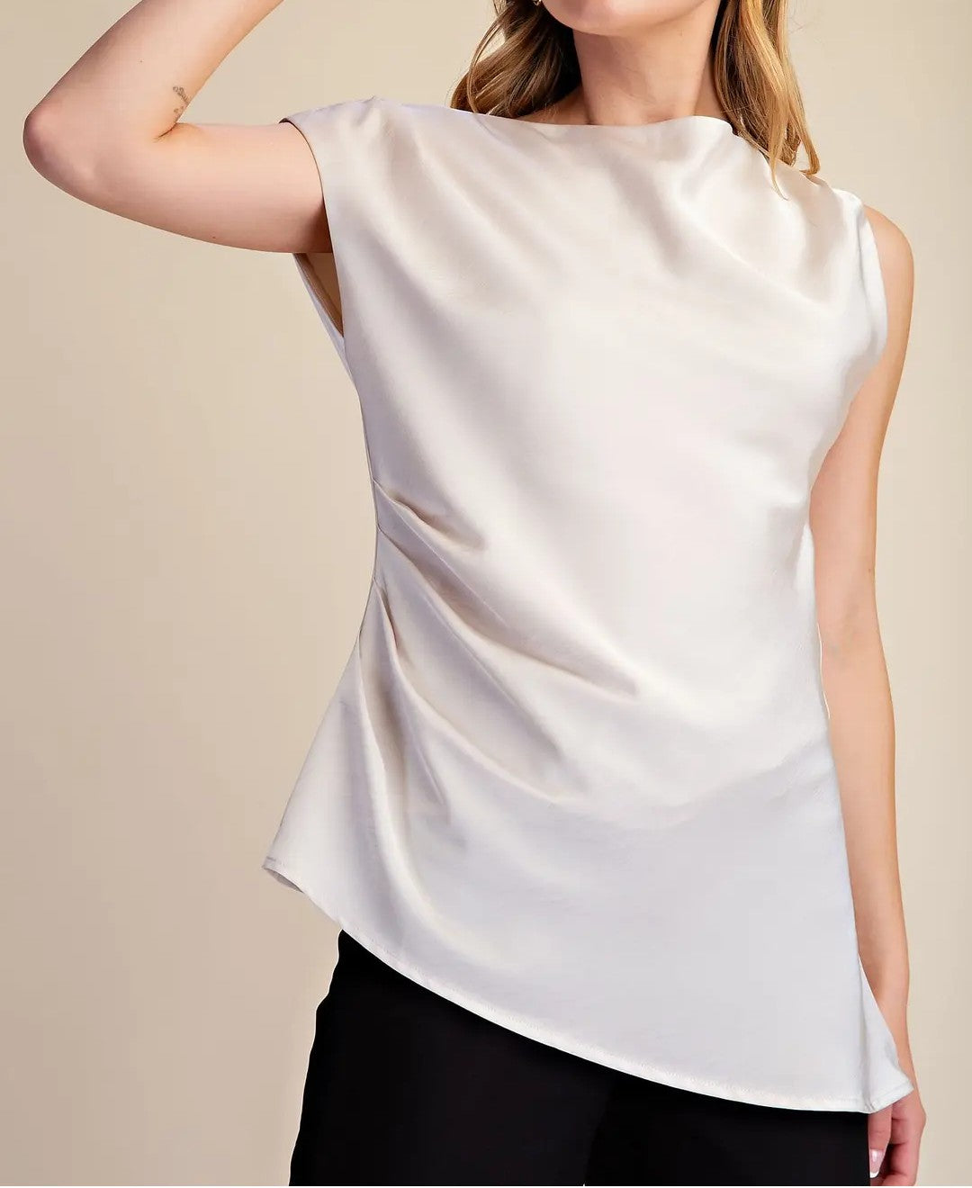 CREAM SATIN ASYMMETRIC DRAPE TOP