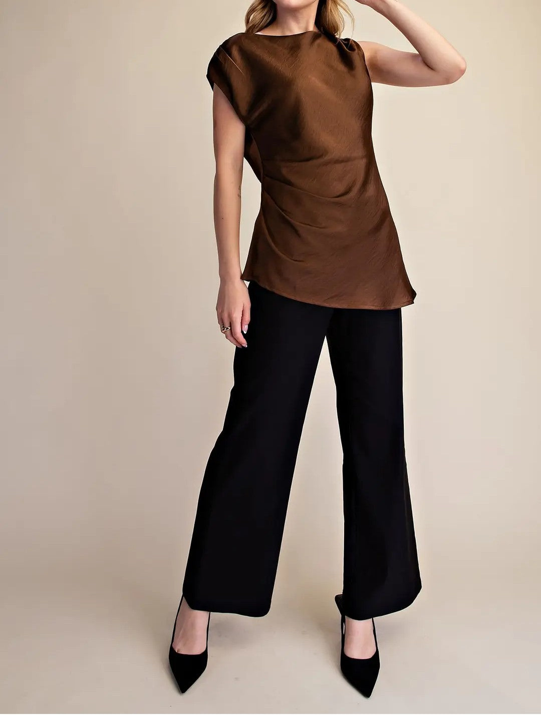 BROWN SATIN ASYMMETRIC DRAPE TOP