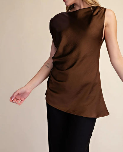 BROWN SATIN ASYMMETRIC DRAPE TOP