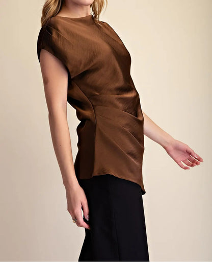 BROWN SATIN ASYMMETRIC DRAPE TOP