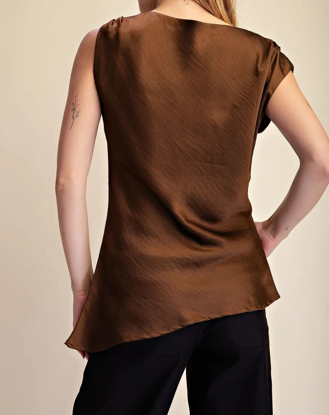 BROWN SATIN ASYMMETRIC DRAPE TOP