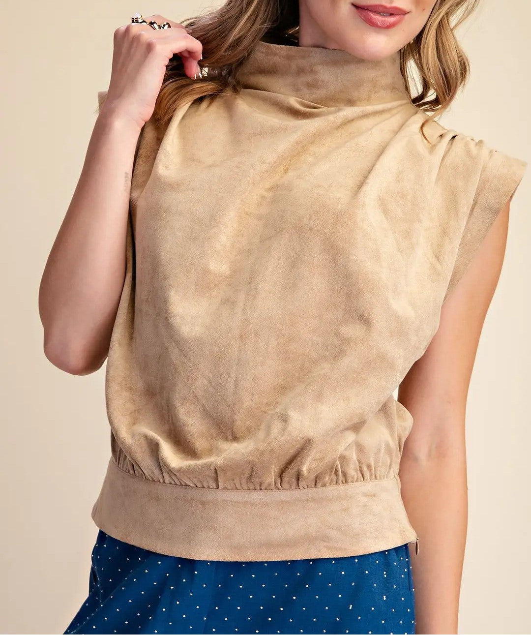 TAUPE SUEDE HIGH NECK SLEEVELESS TOP