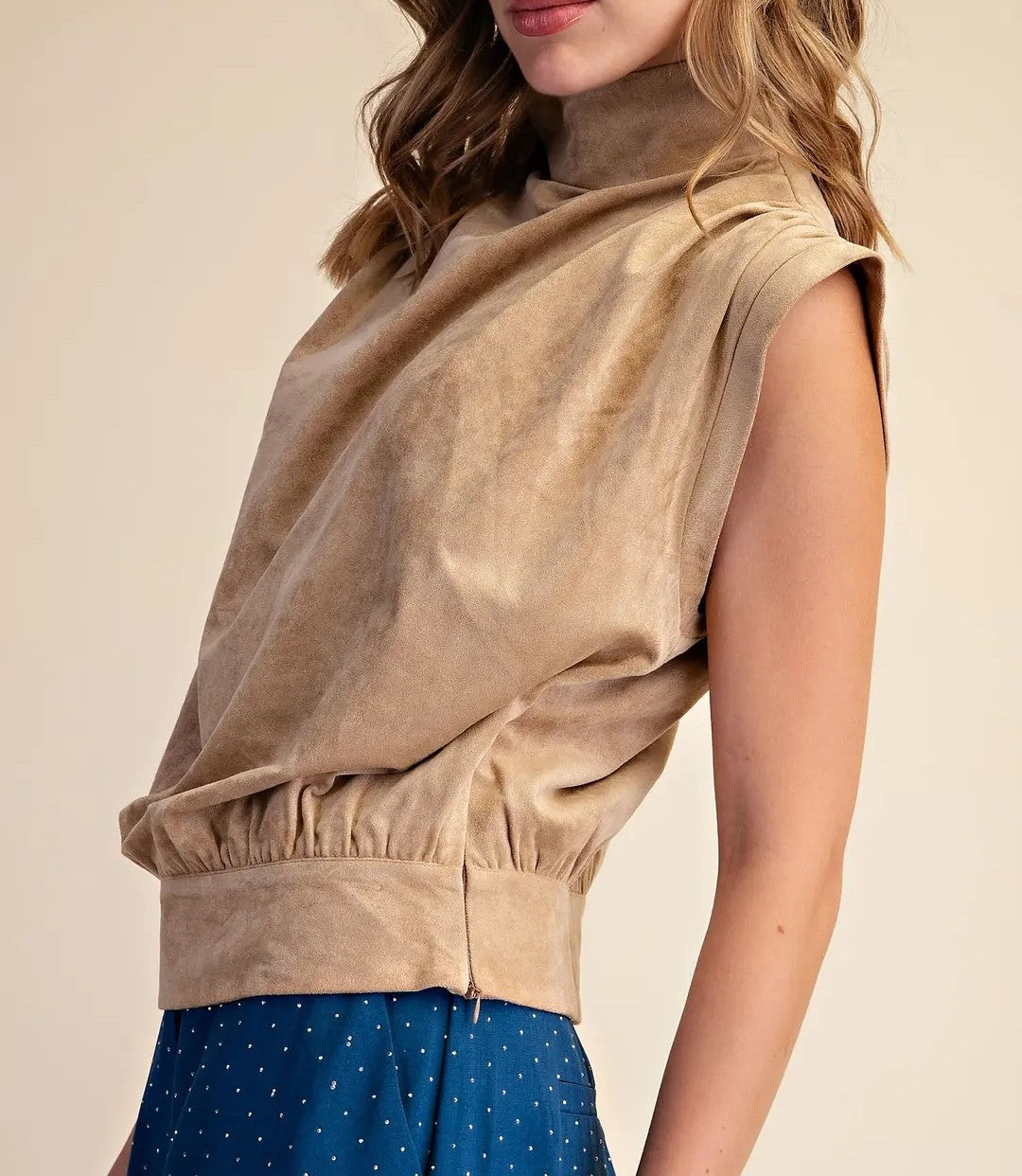 TAUPE SUEDE HIGH NECK SLEEVELESS TOP