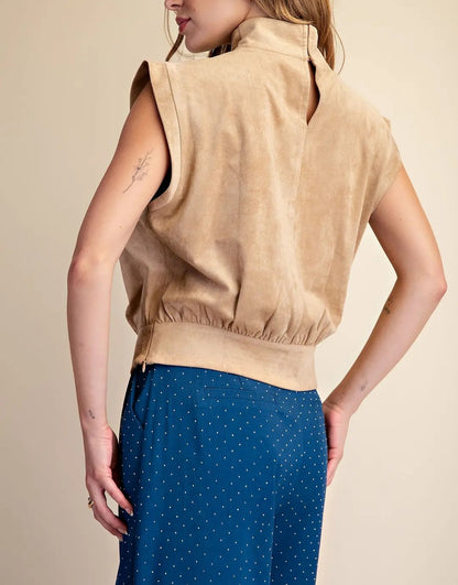 TAUPE SUEDE HIGH NECK SLEEVELESS TOP