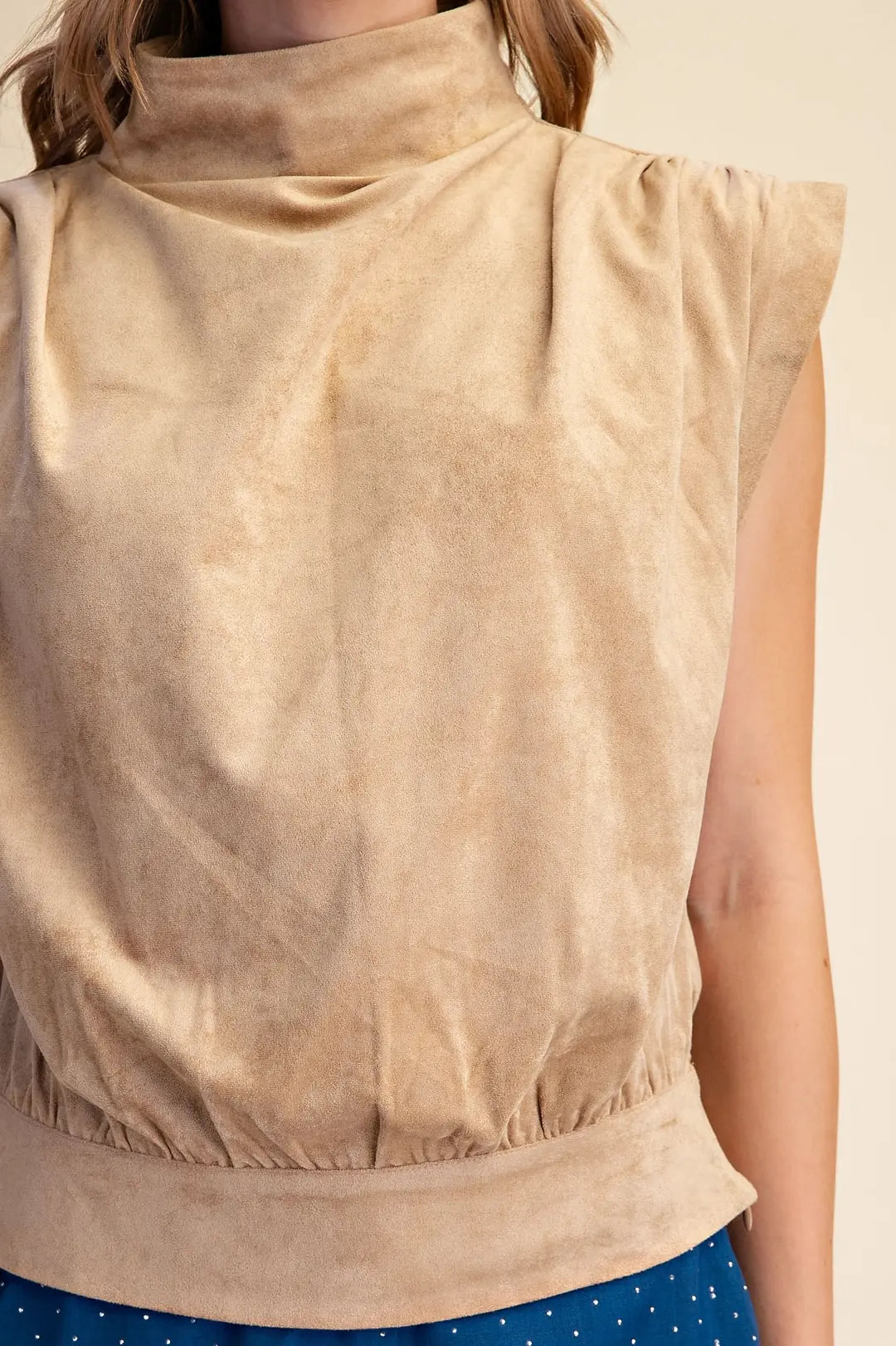 TAUPE SUEDE HIGH NECK SLEEVELESS TOP