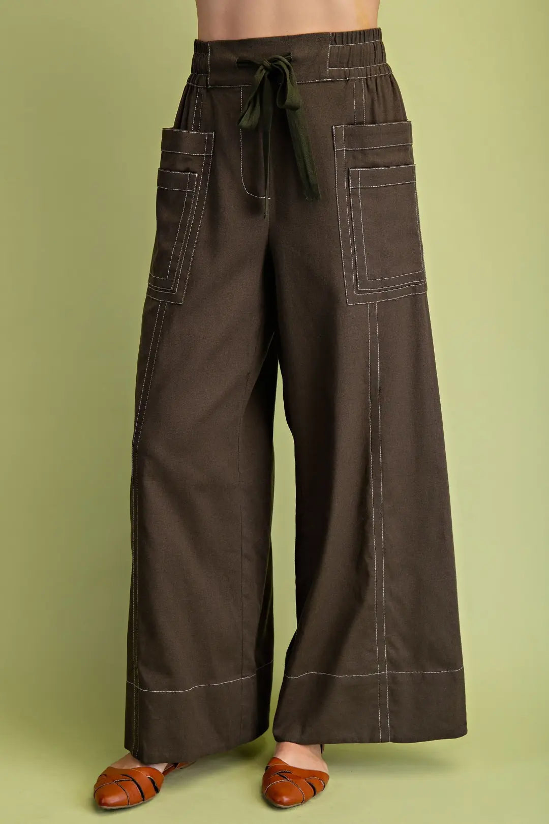 OLIVE LINEN CONTRAST STITCHING WIDE LEG PANTS