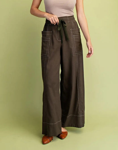 OLIVE LINEN CONTRAST STITCHING WIDE LEG PANTS