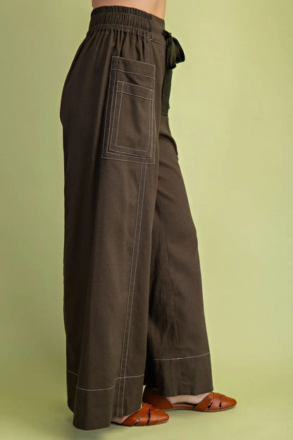 OLIVE LINEN CONTRAST STITCHING WIDE LEG PANTS