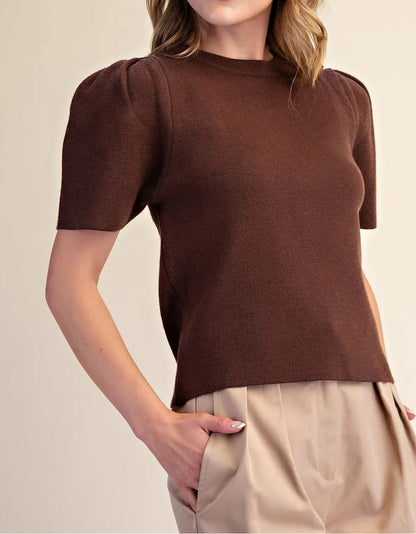 BROWN SHORT PUFF SLEEVE KNIT TOP