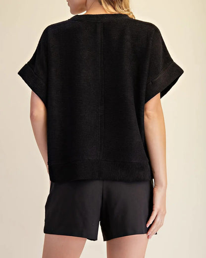 BLACK SOFT TEXTURED BRUSH DROPSHOULDER SHORT SLEEVE TOP