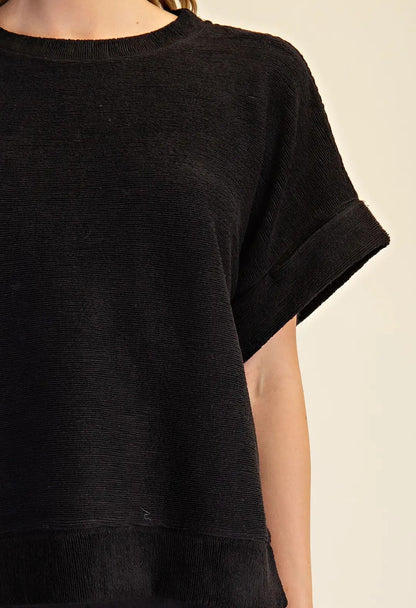 BLACK SOFT TEXTURED BRUSH DROPSHOULDER SHORT SLEEVE TOP