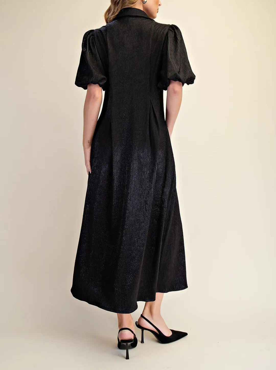 BLACK PLEATED LUREX COLLARED VNECK SHORT PUFF SLEEVE MIDI DRESS