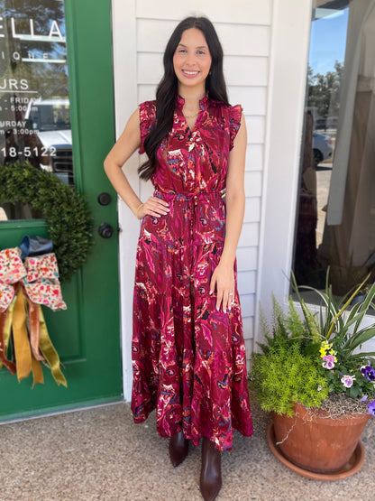 DEEP PINK PRINTED TIERED SATIN MAXI DRESS