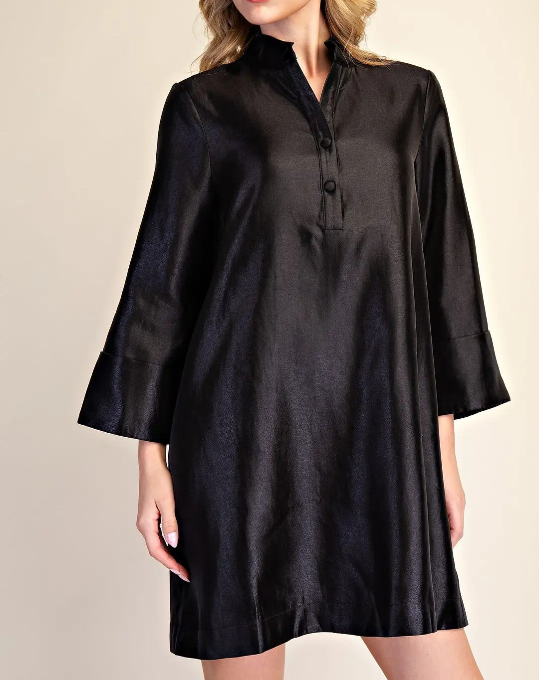 BLACK SHINY HALF BUTTON UP MANDARIN COLLAR 3/4 SLEEVE MINI DRESS