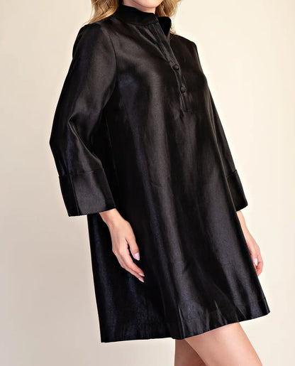 BLACK SHINY HALF BUTTON UP MANDARIN COLLAR 3/4 SLEEVE MINI DRESS