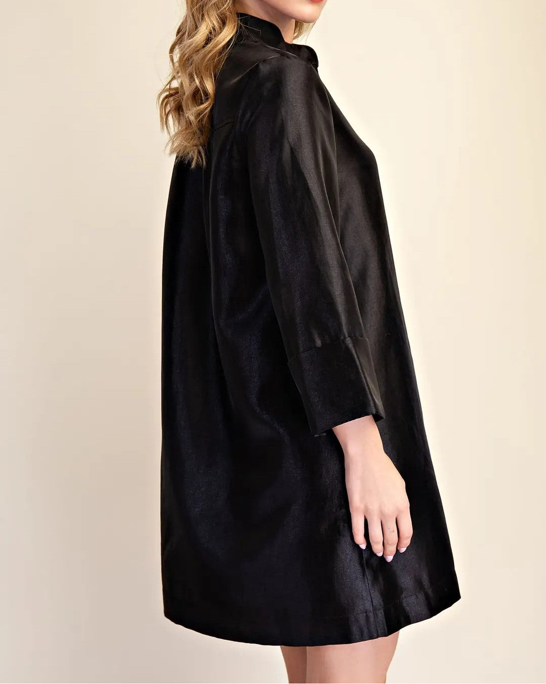 BLACK SHINY HALF BUTTON UP MANDARIN COLLAR 3/4 SLEEVE MINI DRESS