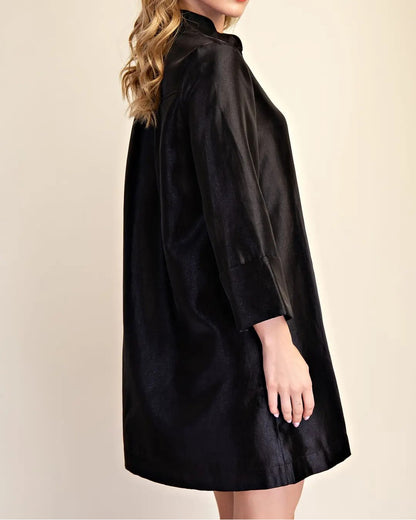 BLACK SHINY HALF BUTTON UP MANDARIN COLLAR 3/4 SLEEVE MINI DRESS