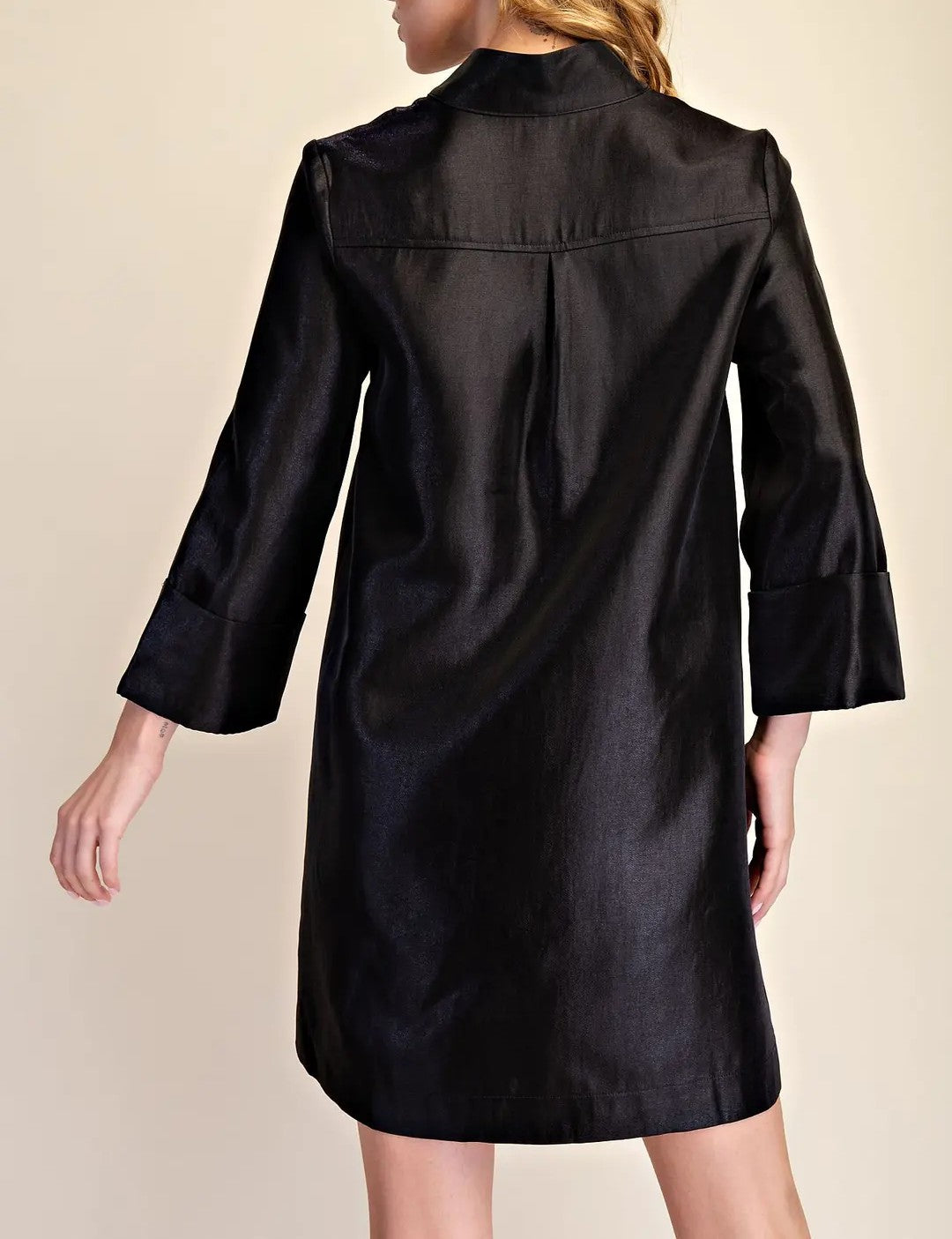 BLACK SHINY HALF BUTTON UP MANDARIN COLLAR 3/4 SLEEVE MINI DRESS
